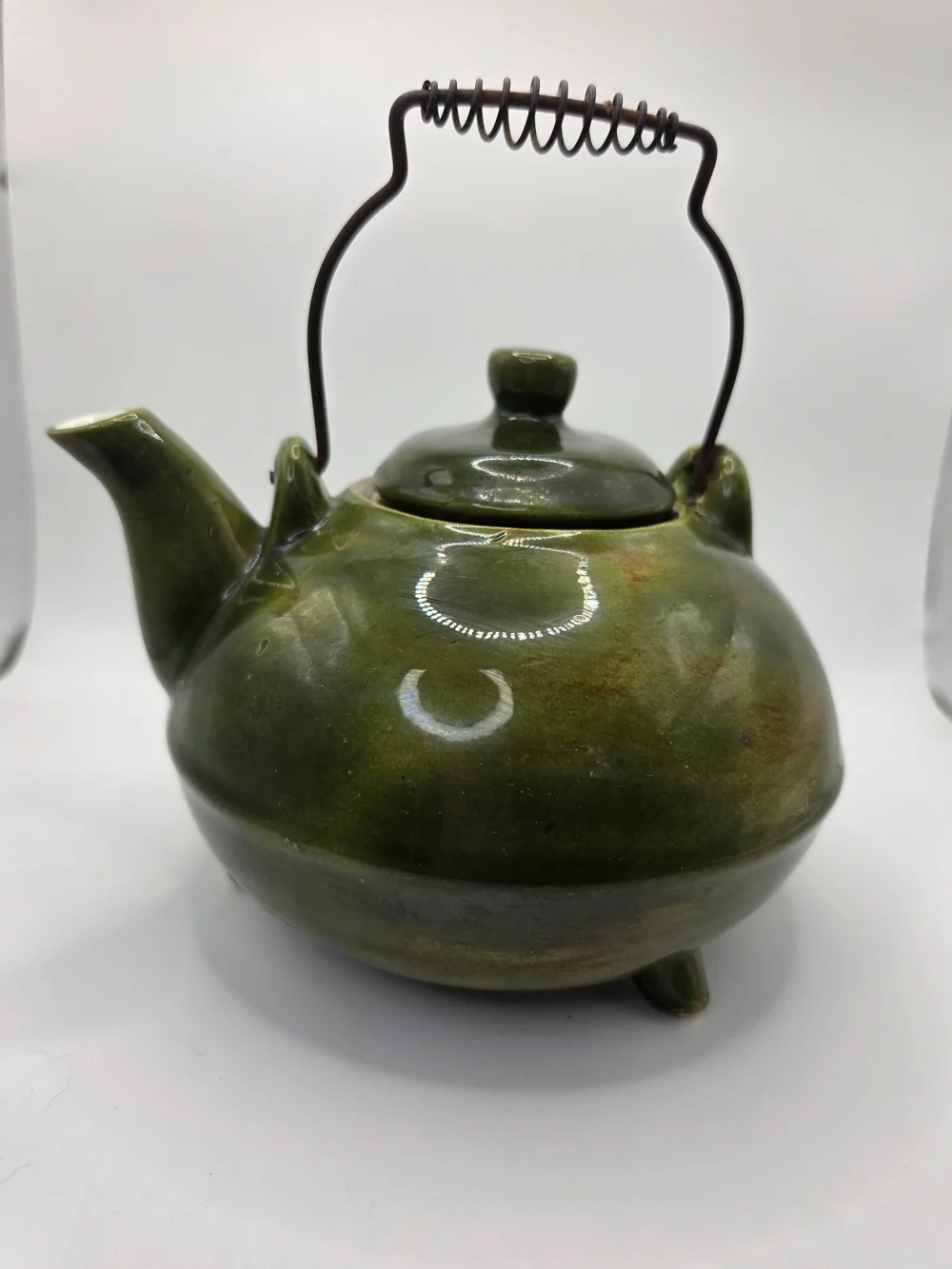 Vintage 1960s Glazed Ceramic Stoneware Teapot in Olive Green with Coil Wire Hand